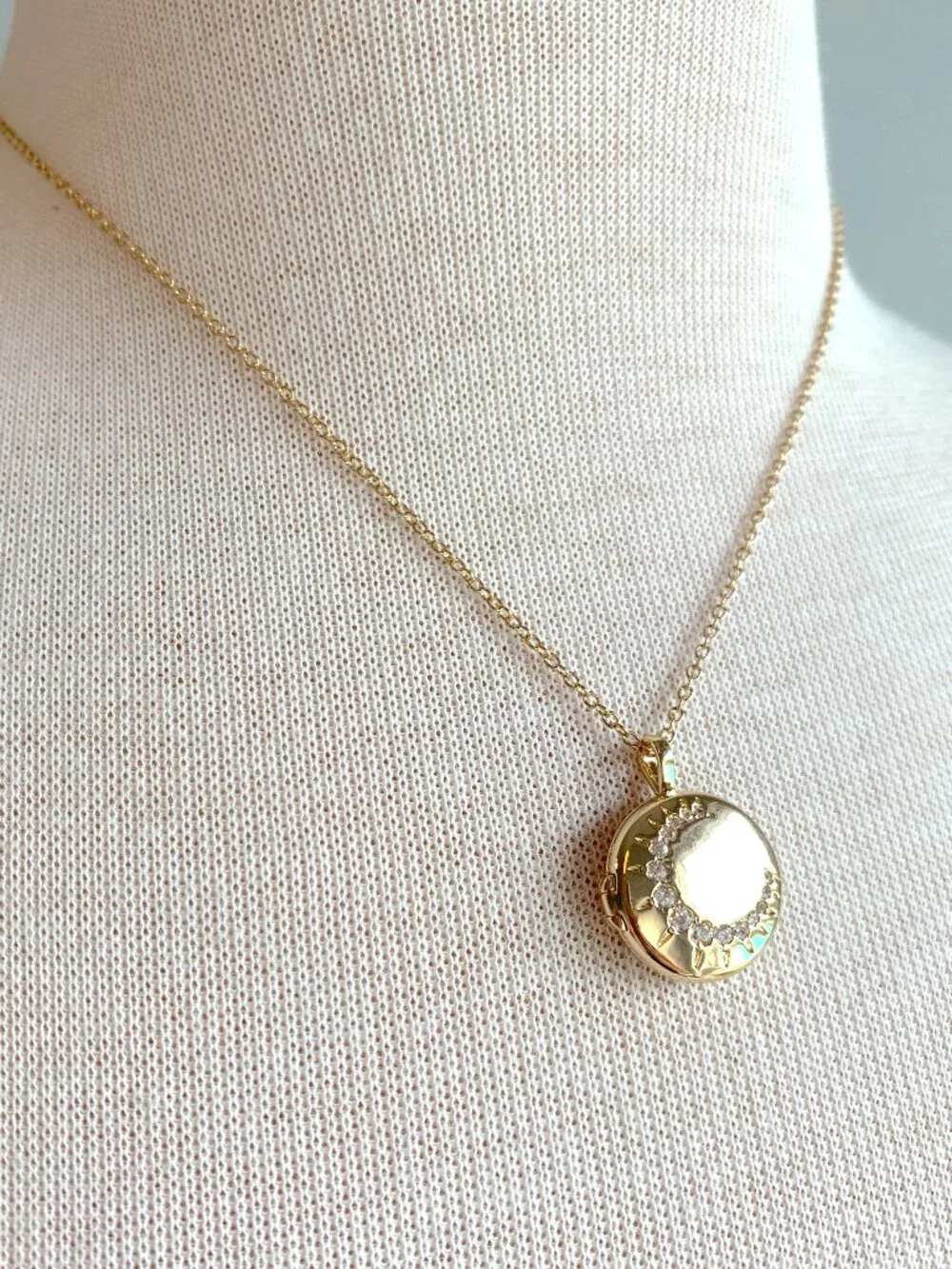 NEW ~ Anthropologie Round CZ Crescent Moon Gold Locket Necklace